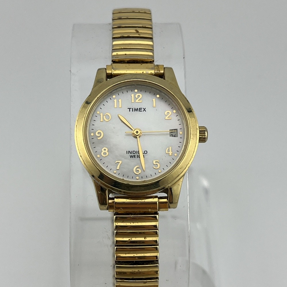 Timex Indiglo Watch Women 25mm Gold Case MOP Dial Stretch Band- New Battery‎